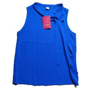 Verdusa Womens Sleeveless Blouse Blue Tie Neck Top Size Small Lightweight
